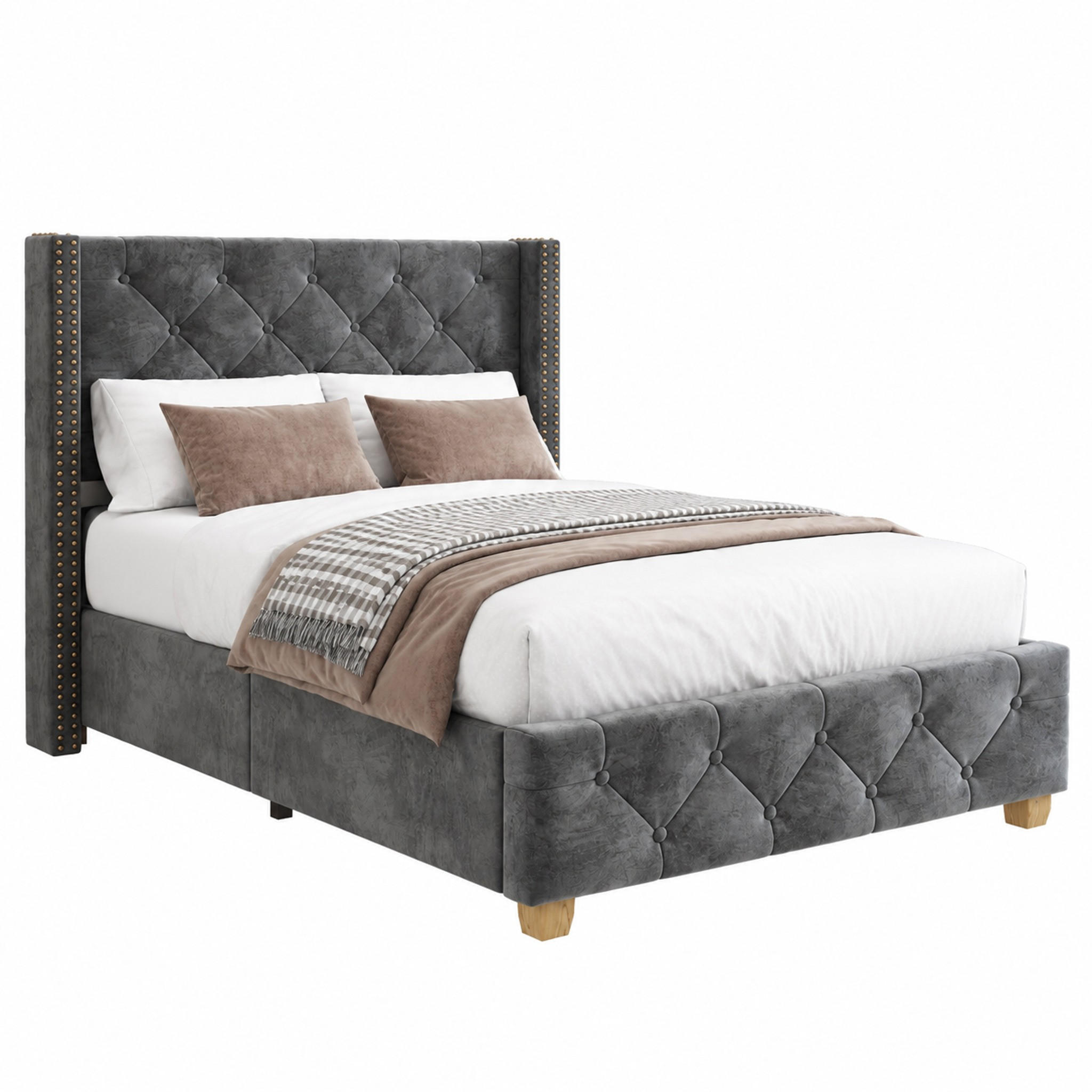 BETT 90x200 cm Samt Grey mit Lattenrost - Grau, Metall (90/200cm) - Meubliv