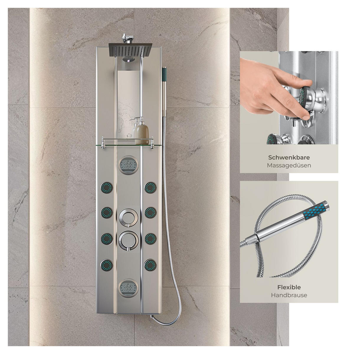 ALUMINIUM DUSCHPANEEL , Antikalktechnik, silber - Silberfarben, Metall (9.8/118/27cm) - tectake