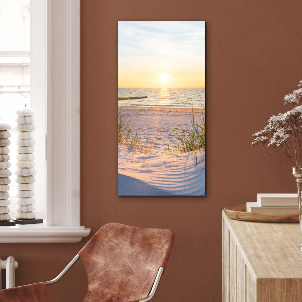 KOVOVÝ OBRAZ Pláž - Slnko - Duny - Tráva - Piesok - Horizont 40x80 cm - svetlomodrá, kov (40/80cm) - MuchoWow