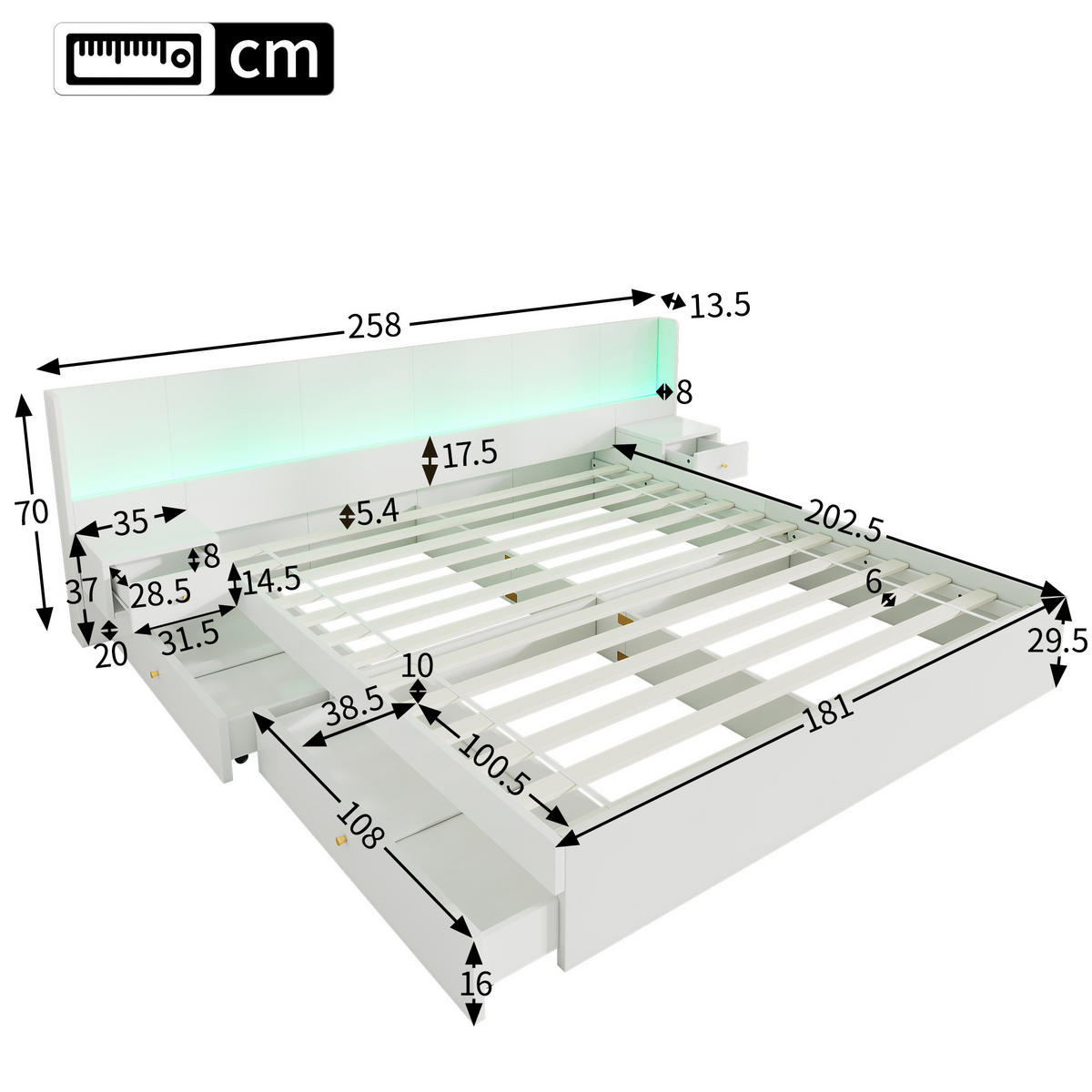 HOLZBETT 180x200cm Weiß Mit USB LED Steckdose & 2 Nachttischen - Weiß, Holzwerkstoff (180/200cm) - FLIEKS