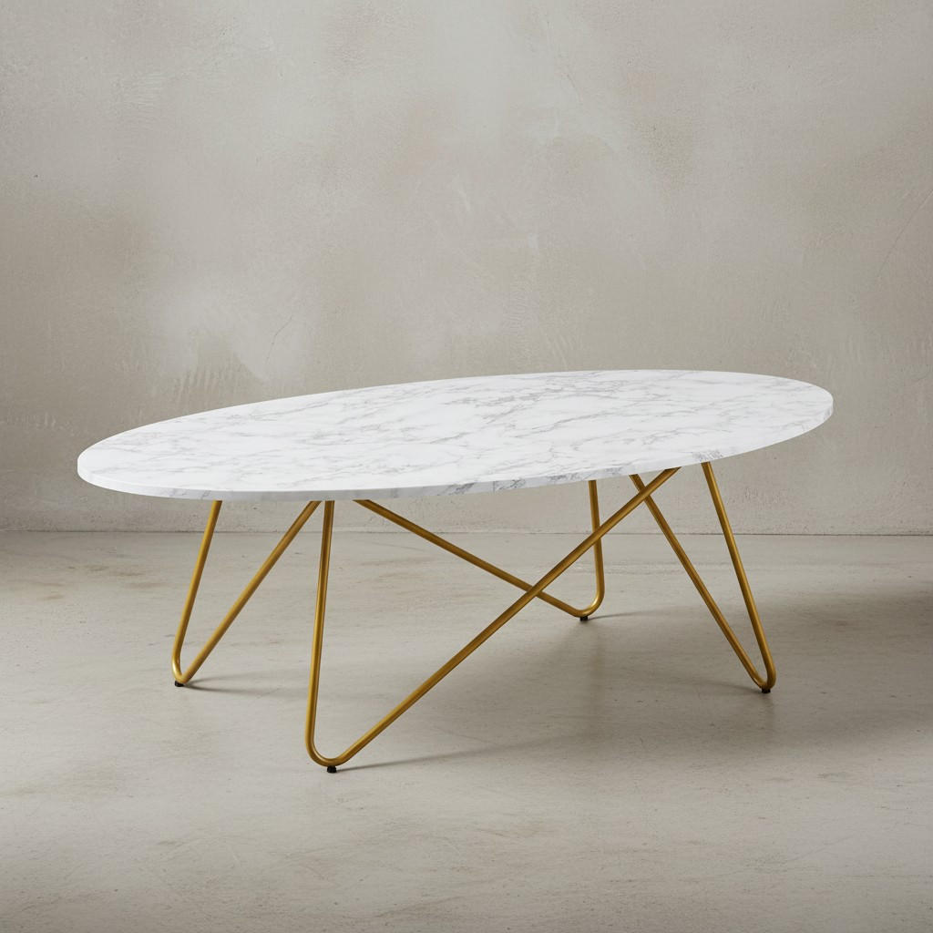 COUCHTISCH Oval in Marmor-Optik mit goldfarbenem Gestell, Maße 120x40x60 cm - Goldfarben/Weiß, Holz/Metall (60/120/40cm) - KADIMA DESIGN