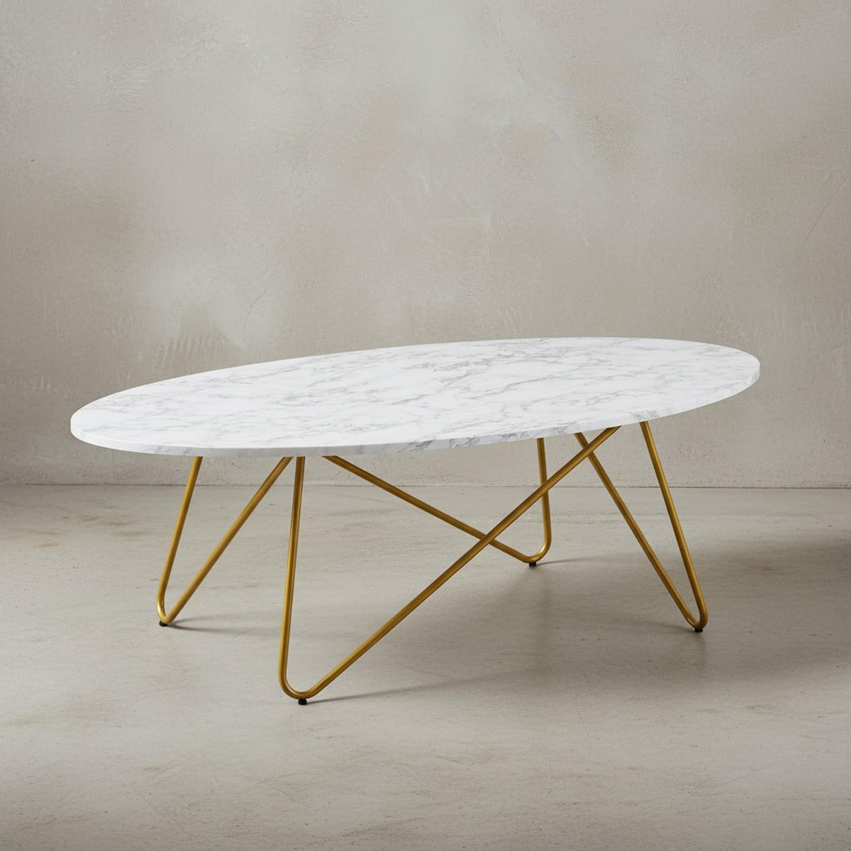 COUCHTISCH Oval in Marmor-Optik mit goldfarbenem Gestell, Maße 120x40x60 cm - Goldfarben/Weiß, Holz/Metall (60/120/40cm) - KADIMA DESIGN
