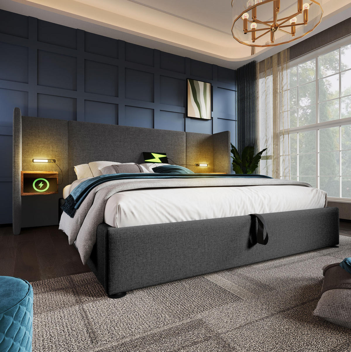 POLNJENA postelja iz lanu 180x200 cm siva z LED/bralno lučko, USB-C polnjenjem in hidravličnim predalom - siva, tekstil (180/200cm) - Modfu