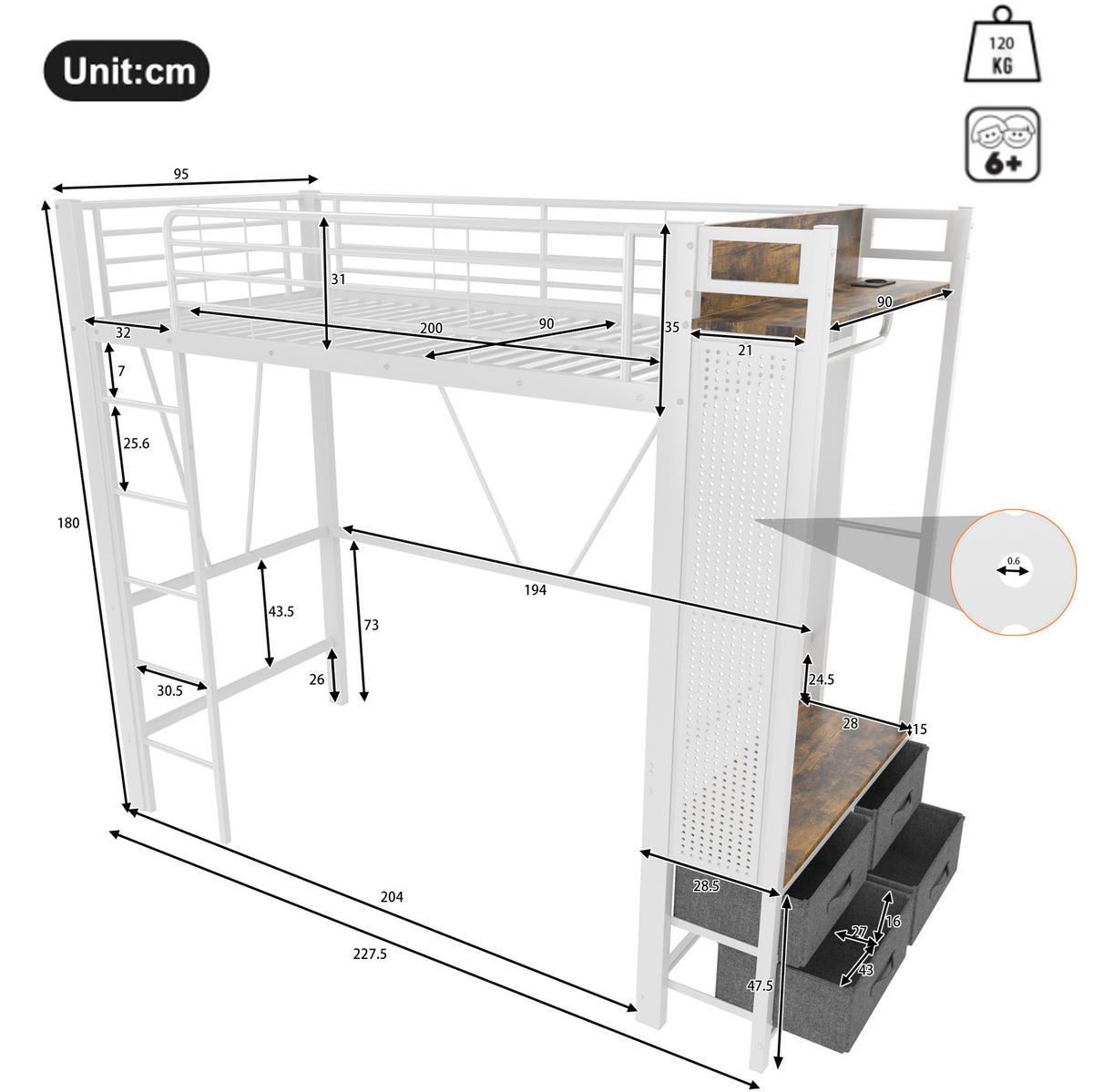 HOCHBETT 90/200 cm in Weiß mit LED-Beleuchtung, Stauraum und USB- und Type-C-Anschlüssen - Weiß, Metall (90/200cm) - Flora Grace