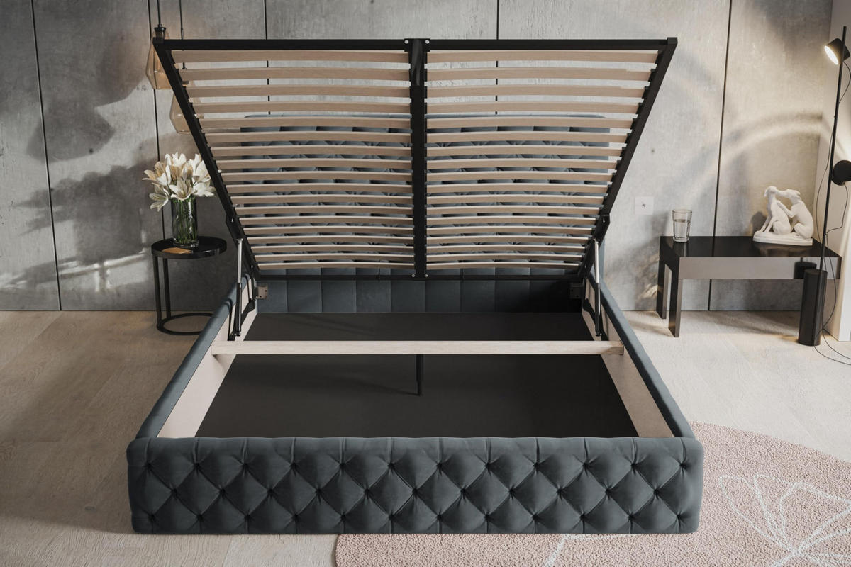 BETT 90x200 - Polsterbett mit Bettkasten und Metallrahmen - Elegant Betten - Weicher Jasminstoff - Kollektion Miami, Dunkelgrau - Dunkelgrau, Holz/Textil (90/200cm) - Alpi-Möbel