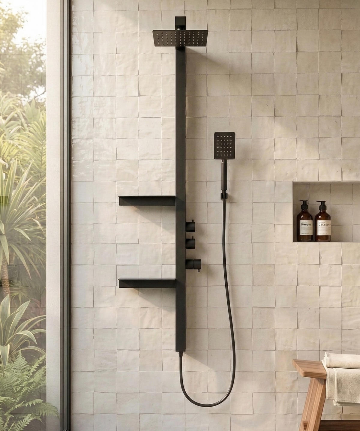 DUSCHPANEEL Avalon Schwarz Aluminium mit Mischbatterie - 145 x 3 cm - Schwarz, Holz (3/140/10cm) - Badplaats