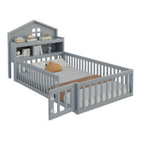 KINDERBETT aus Kiefernholz 90x200 cm Grau mit Schutzgitter, Tür, Regal und Kreidetafel - Grau, Holzwerkstoff (90/200cm) - IVMEU