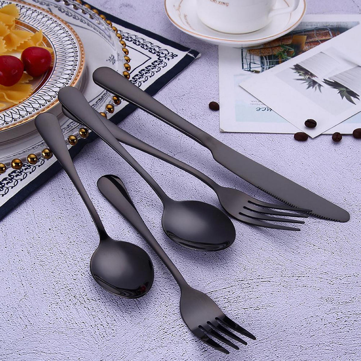 BESTECK-SET, 5-teilig, schwarz, Edelstahl - Schwarz, Metall