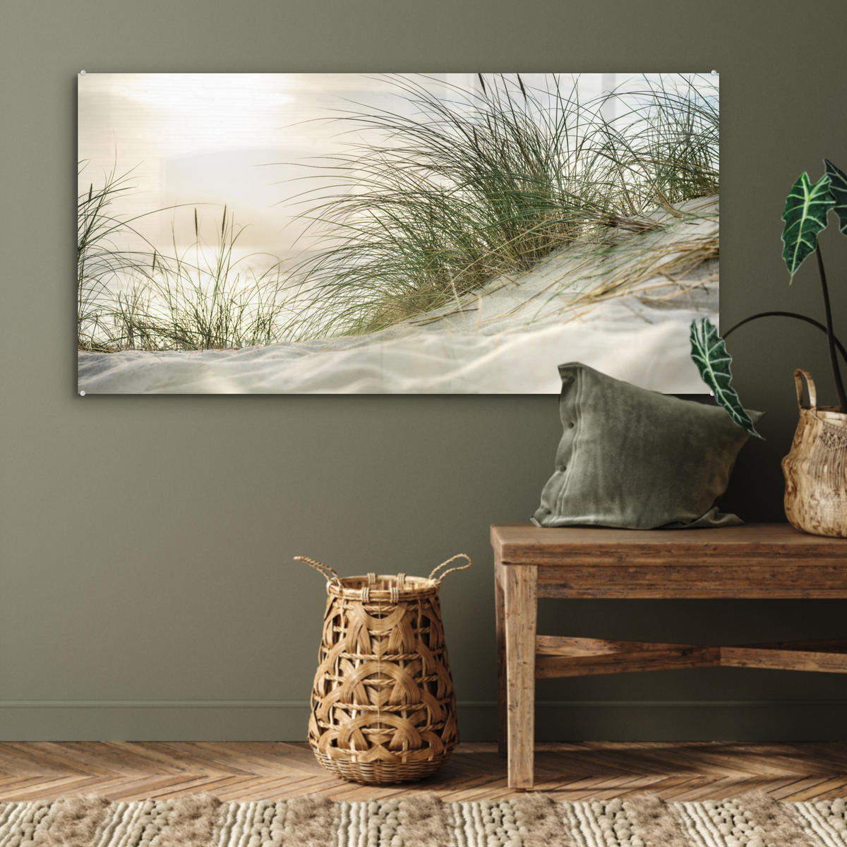 OBRAZ NA AKRYLOVOM SKLE Duny s marramovou trávou pod slnkom nemeckého národného parku Schleswig-Holsteinisches Wattenmeer 120x60 cm - krémová, sklo (120/60cm) - MuchoWow