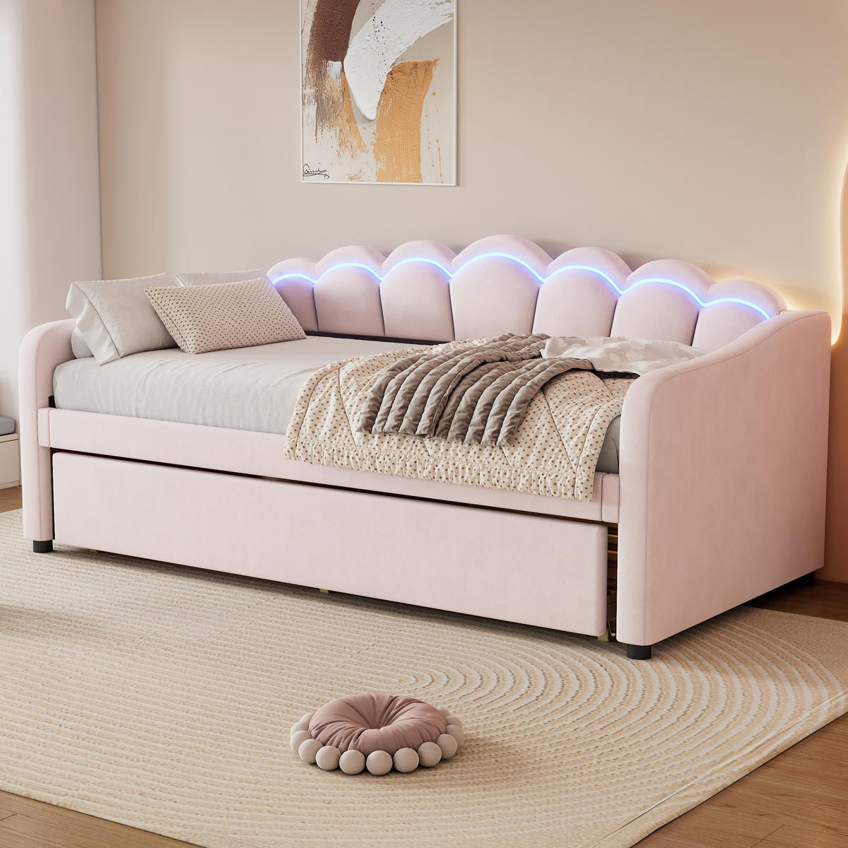 POLSTERBETT aus Samt 90x200 cm in Rosa mit LED-Beleuchtung & Rollbett - Rosa, Textil (90/200cm) - Modfu