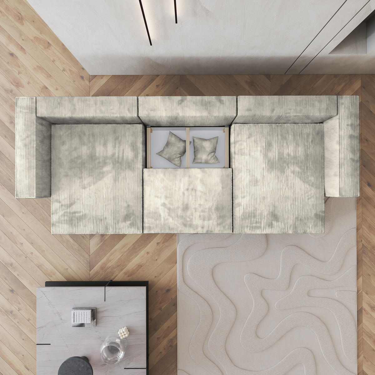 WOHNLANDSCHAFT SARMO P Creme Kordstoff mit Schlaffunktion - Creme, Holz (347/70/148cm) - MASSENO