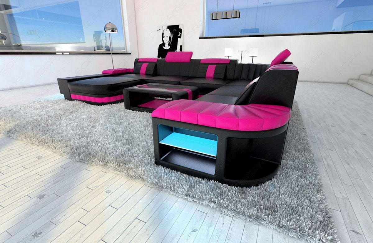 WOHNLANDSCHAFT Bellagio Schwarz Pink Büffelleder - Schwarz, Leder (362/80/287cm)