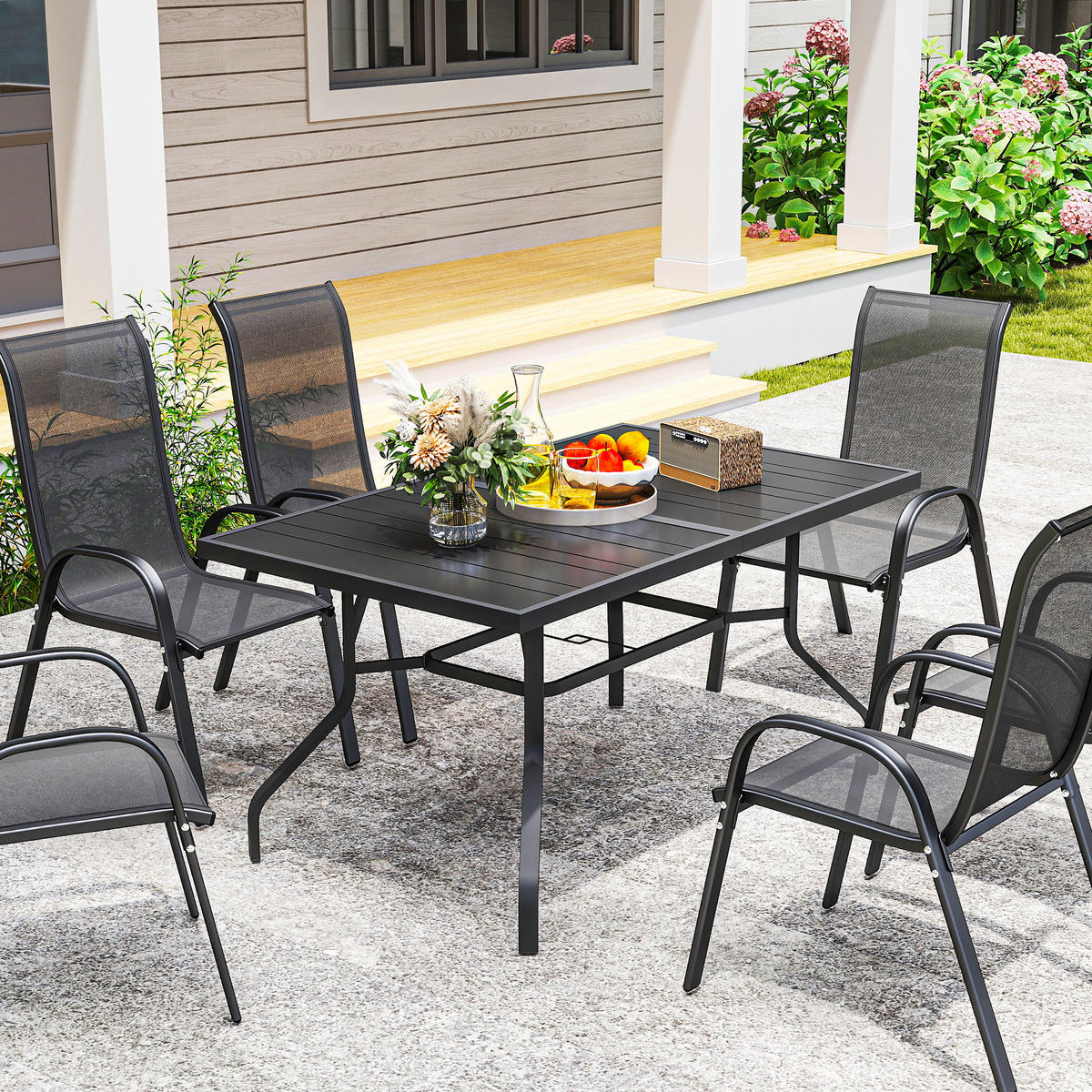 GARTENTISCH 152x90 cm, Wetterfest Balkontisch aus Stahl, mit Schirmloch - Schwarz, Metall (152/90/74cm) - Outsunny