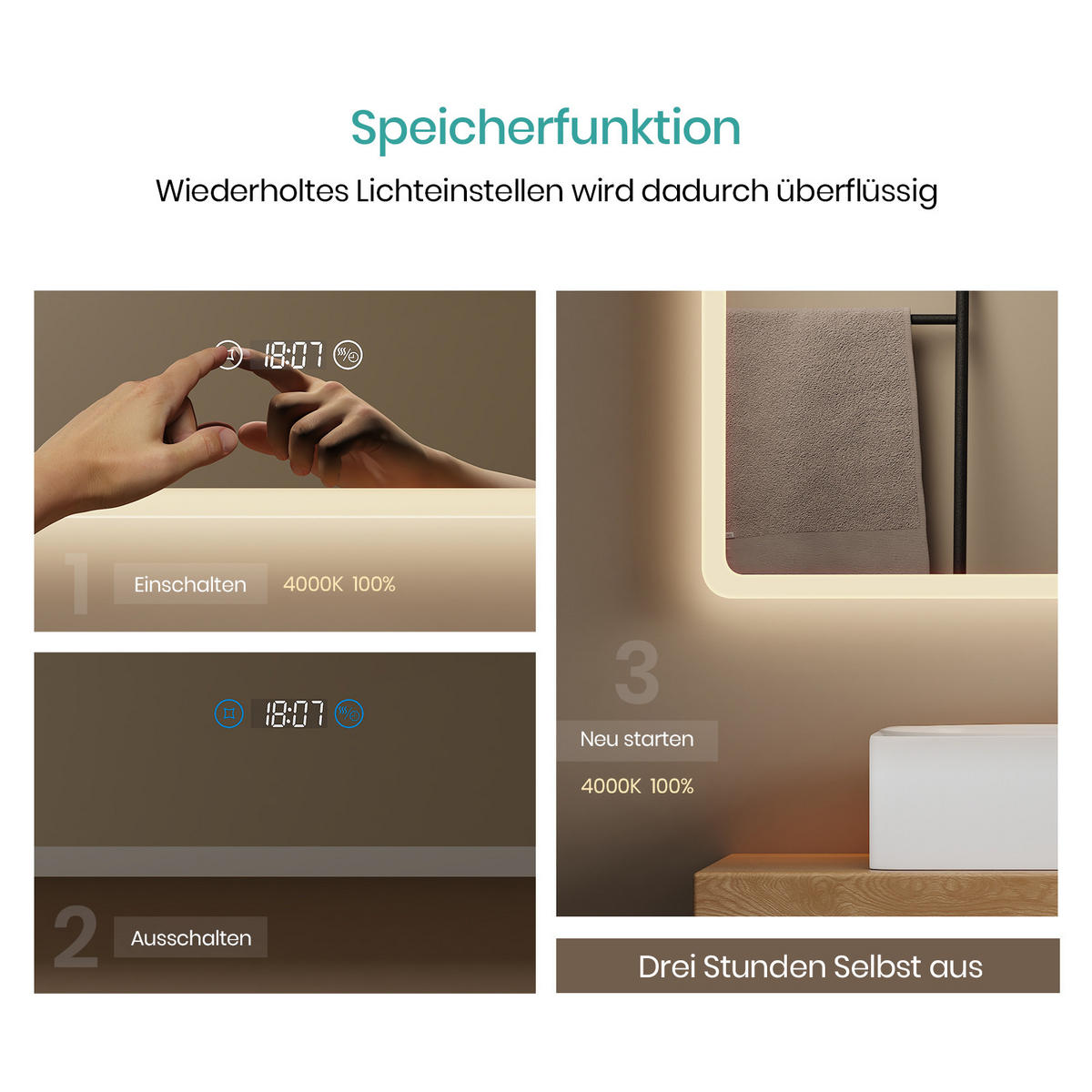 BADSPIEGEL mit 3-Tasten-Bluetooth Beleuchtung mit Integriertem Schminkspiegel 80/60 cm - Weiß, Glas (60/3.5/80cm) - EMKE