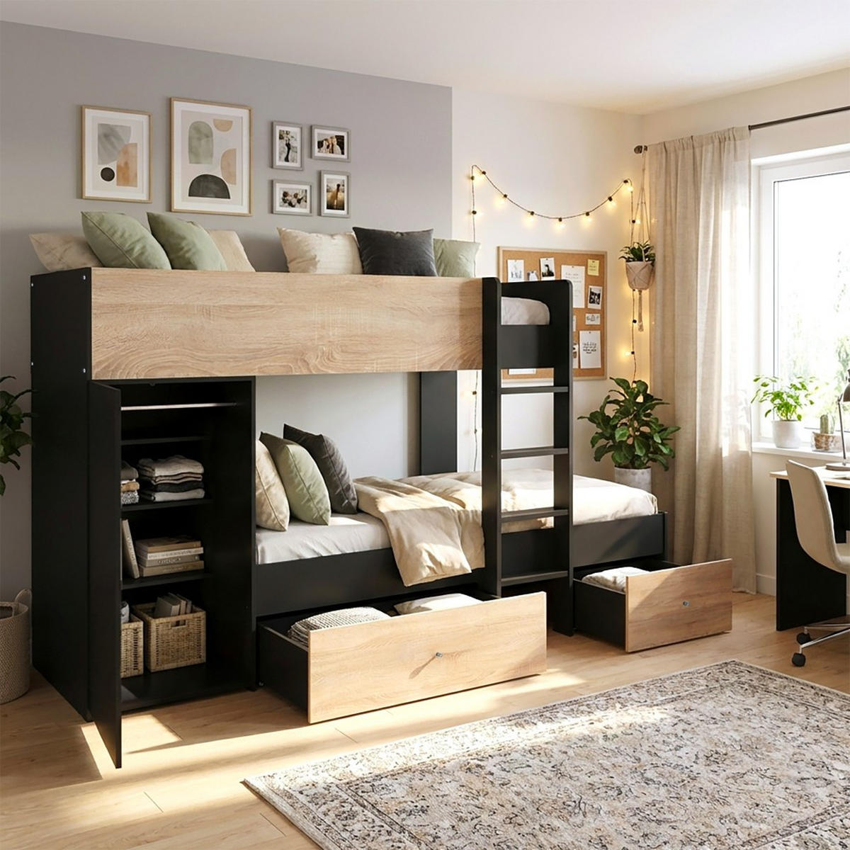 ETAGENBETT TWIN / 90x190 - Schwarz und Gebleichte Eiche Dekor - Multicolor, Holzwerkstoff (90/190cm) - Weber Industries
