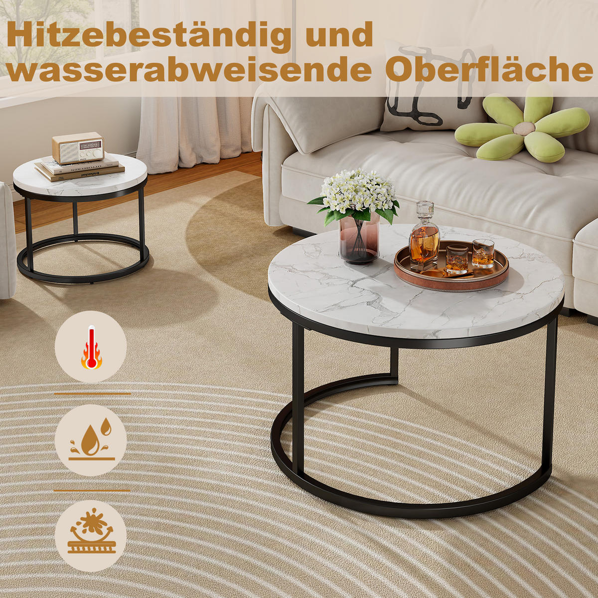 COUCHTISCH-SET 70/70/45 cm und 45/45/37 cm mit Marmor-Optik, nestbar und platzsparend, Weiß - Weiß, Metall (70/70/45cm) - Redom