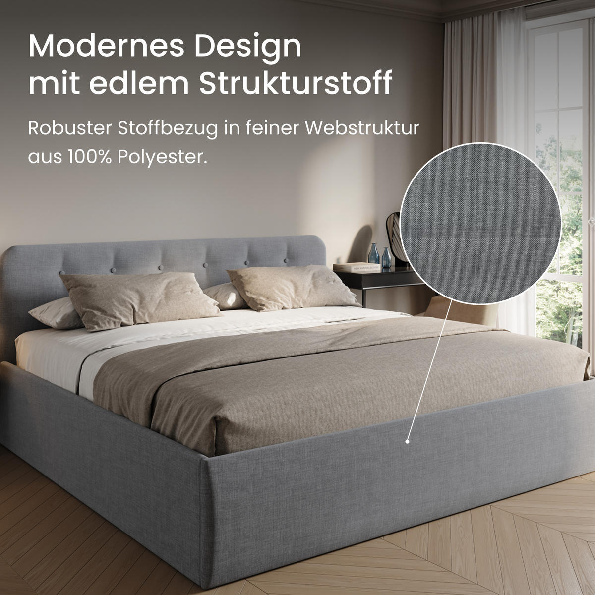 POLSTERBETT mit verstellbarem Lattenrost & Bettkasten, 200 x 200 cm in Grau - Grau, Holzwerkstoff (200/200cm) - Home Collective