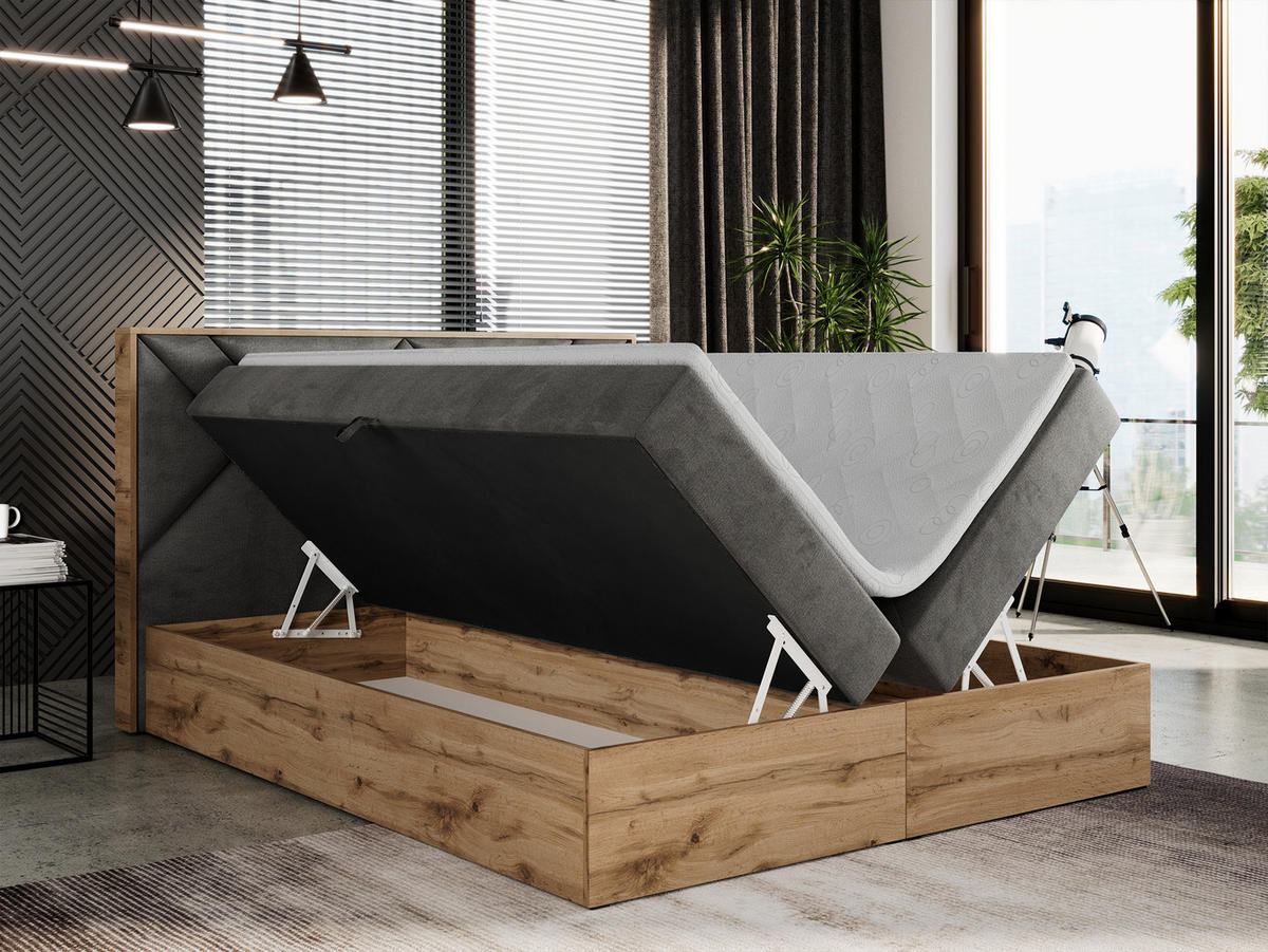BOXBETT GUNAR - 200/200 Dunkelgrau Velvet - H3 - Dunkelgrau, Holz/Textil (200/200cm) - MKS