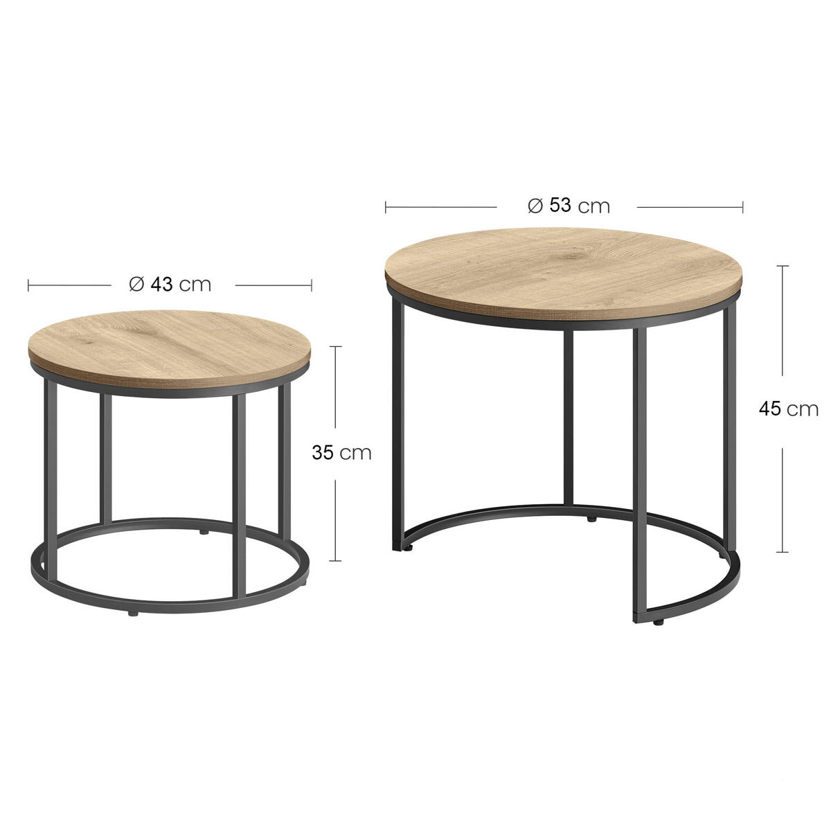 COUCHTISCH 2er Set rund - Sonoma Eiche, Holzwerkstoff/Metall (53/53/45cm) - Mat-Haus