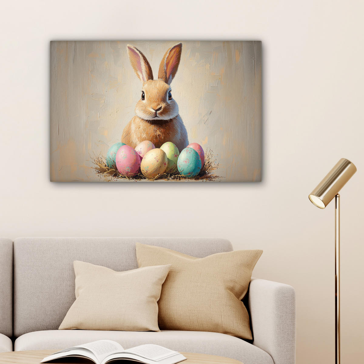 LEINWANDBILD Osterhase - Pastell - Eier Gemälde 60x40 cm - Beige, Textil (60/40cm) - MuchoWow