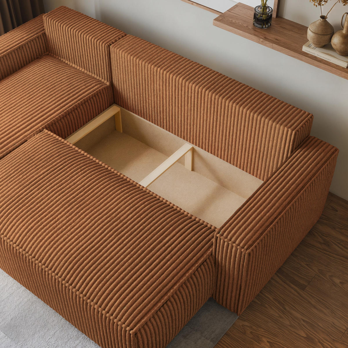 ECKSOFA RAVELO T Kupferfarben Kordstoff mit Schlaffunktion - Kupferfarben, Holz (240/140cm) - MASSENO