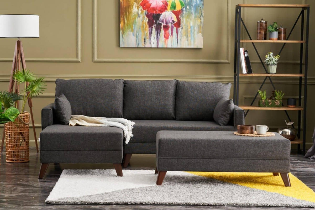 ECKSOFA mit Hocker als Schlaffläche, perfekt für kleine Räume - Anthrazit/Walnussfarben, Holz/Kunststoff (205/140cm) - myHomelando