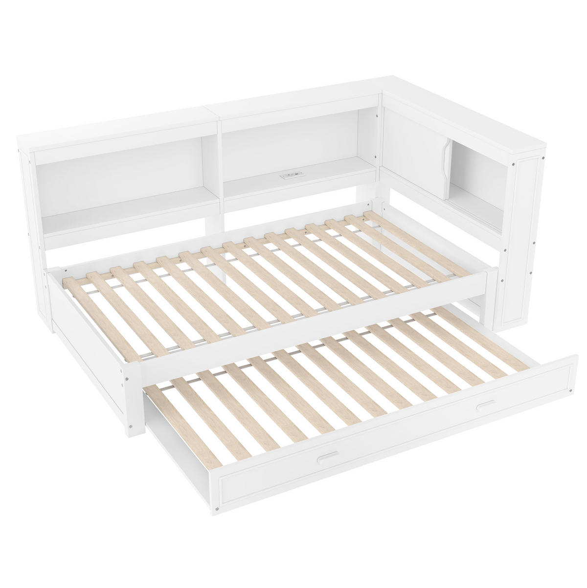 TAGESBETT 90/200 cm mit Ausziehbett, LED-Beleuchtung, USB, Typ-C und Steckdose, Kiefern , Weiß - Weiß, Holzwerkstoff (90/200cm) - Redom