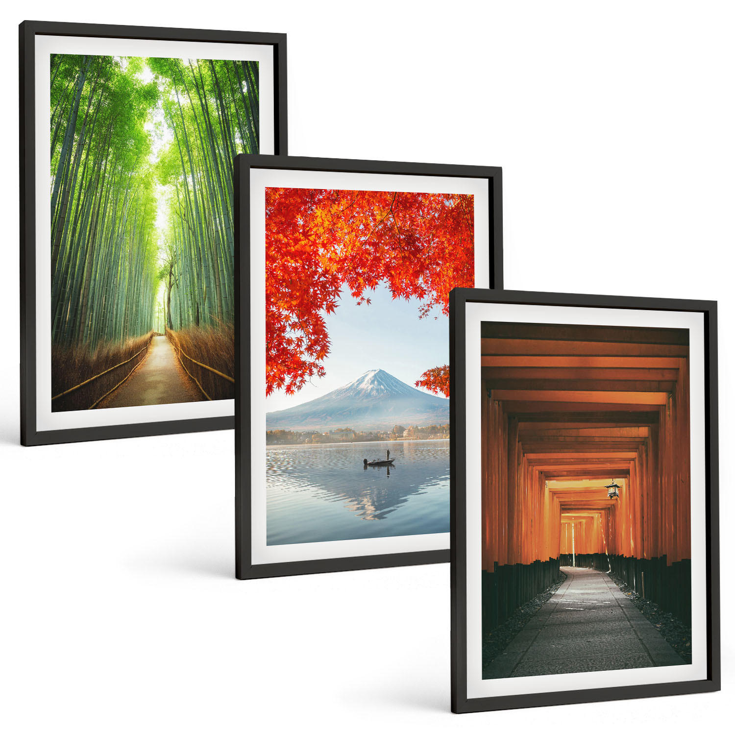 BILDER SET 3er Set - 40x60 cm Schwarzer Rahmen - Fuji-Bambuswaldlandschaft - Schwarz, Kunststoff (40/60cm) - TULUP