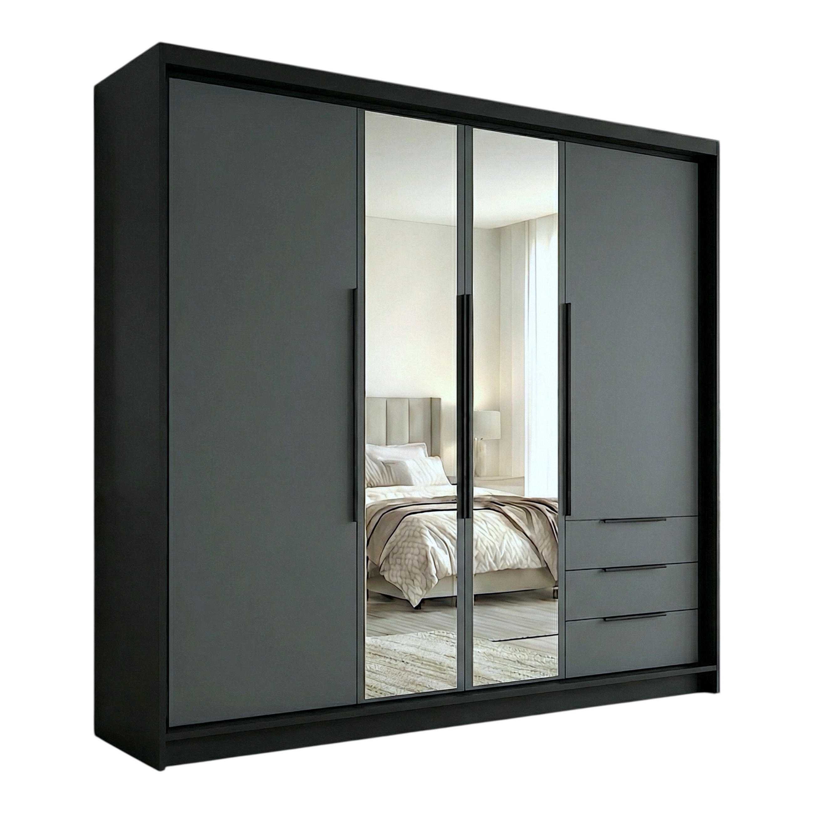 A&J MöbelLand Drehtürenschrank Schwarz, Graphit, Graphit 200x215x59.5 cm