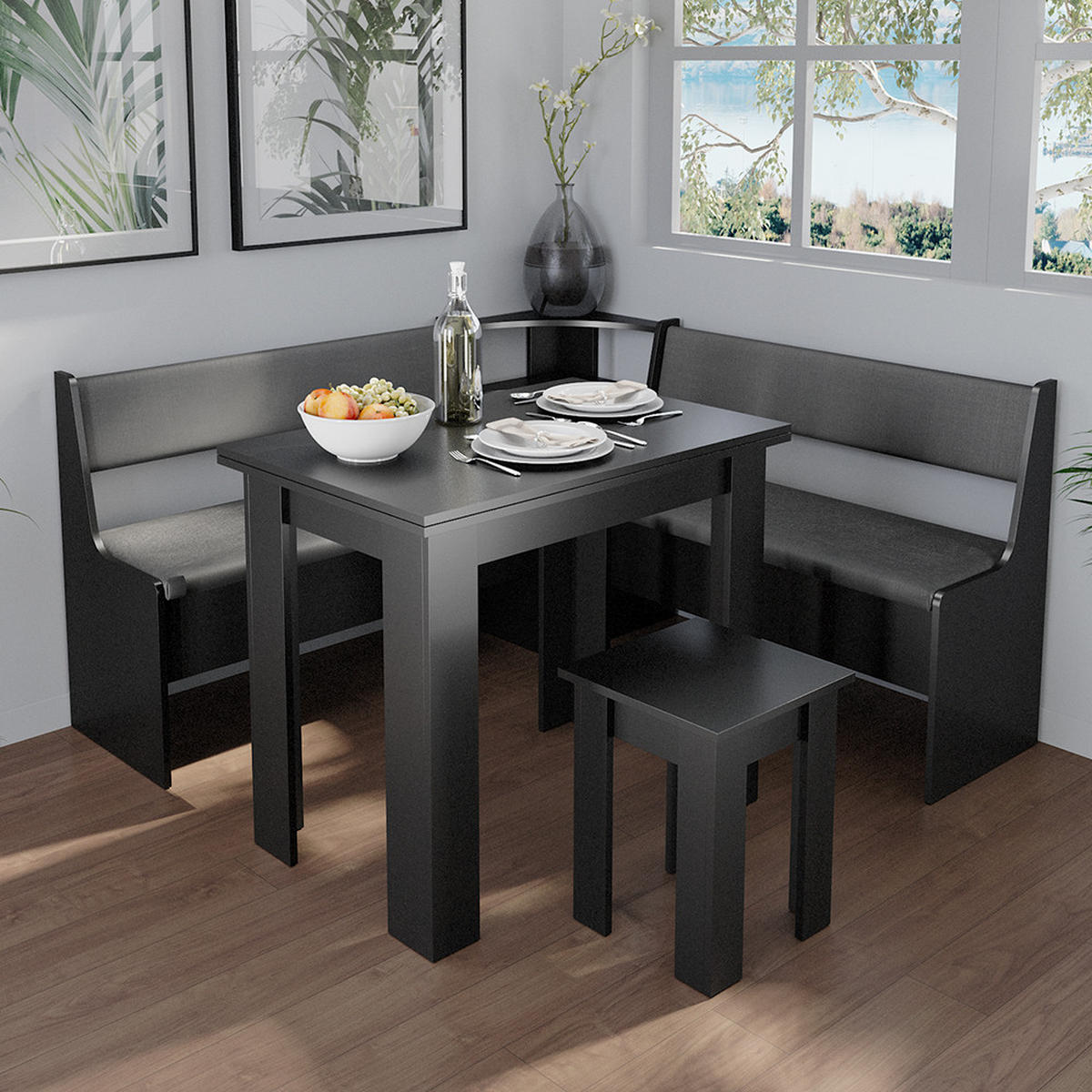 ECKBANKGRUPPE Roman Schwarz 150 x 41.5 cm mit Tisch - Schwarz/Sonoma Eiche, Holzwerkstoff (150/80/150cm) - Vicco