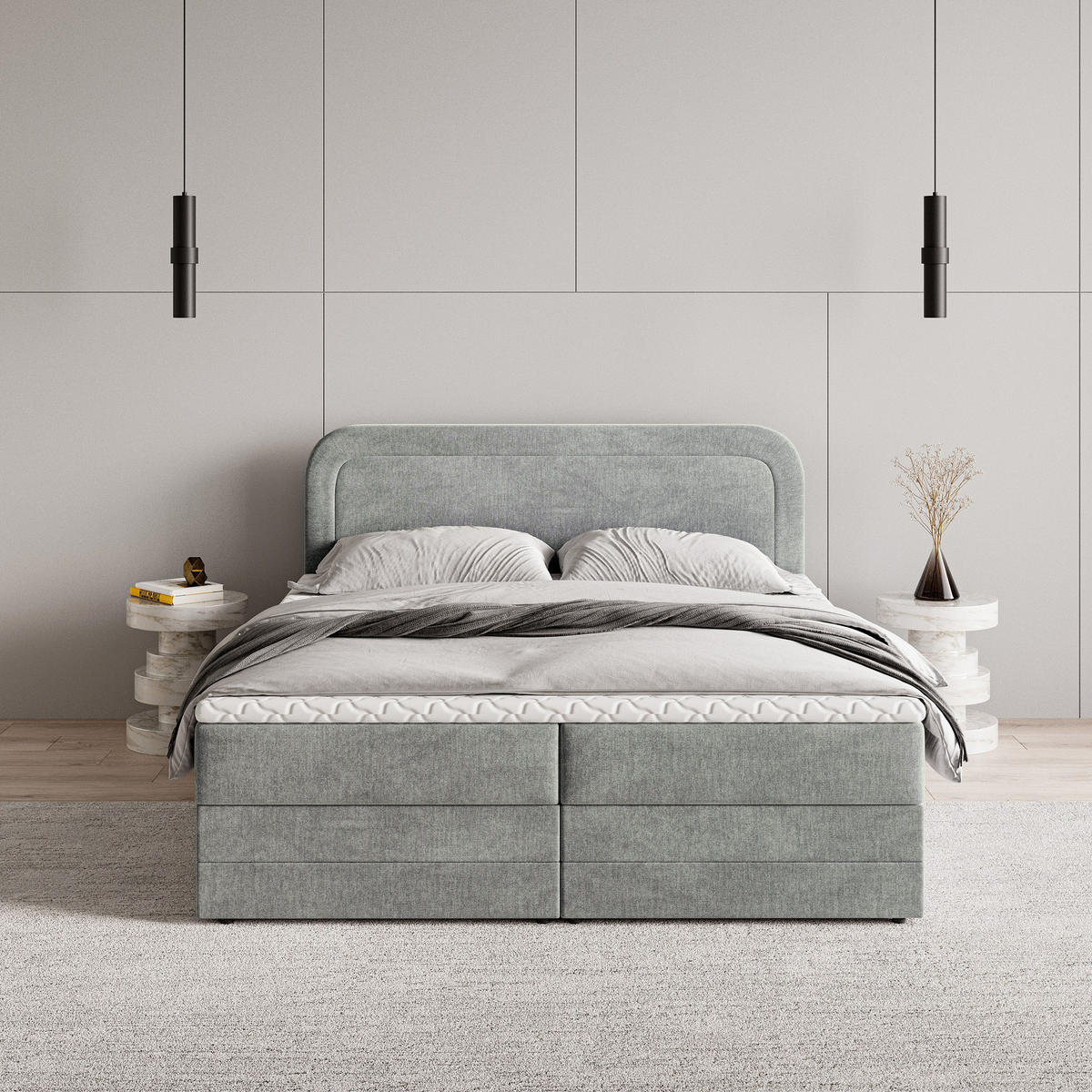 BOXBETT ARMEL 160x200 cm mit Matratze und Topper - Hellgrau - Hellgrau, Holz (160/200cm) - MASSENO