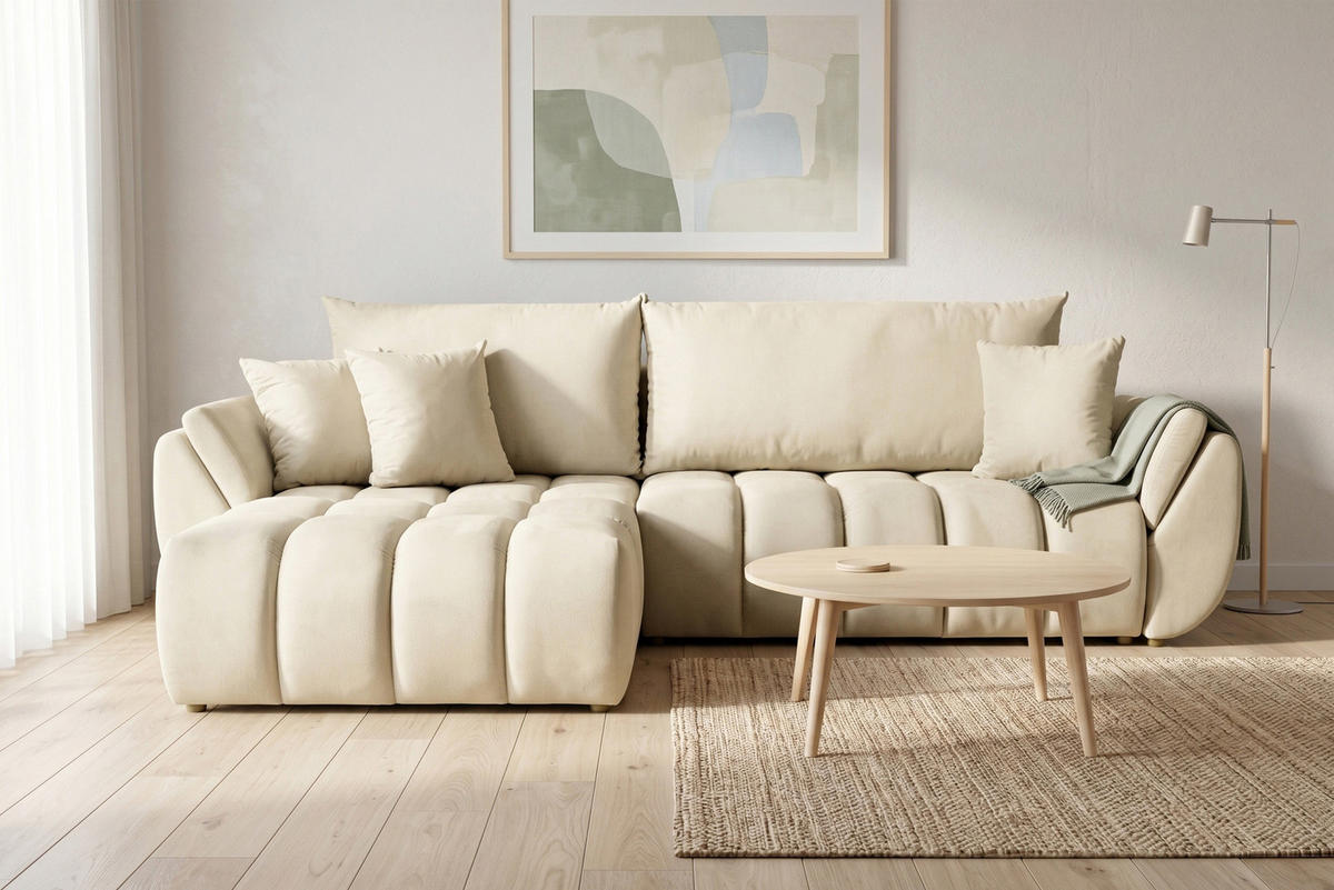 ECKSOFA Iris mit Schlaffunktion und Bettkasten, links oder rechts montierbar – Beige Samt 280/184/85 cm - Ecru/Beige, Kunststoff/Textil (280/184cm) - WFL GROUP