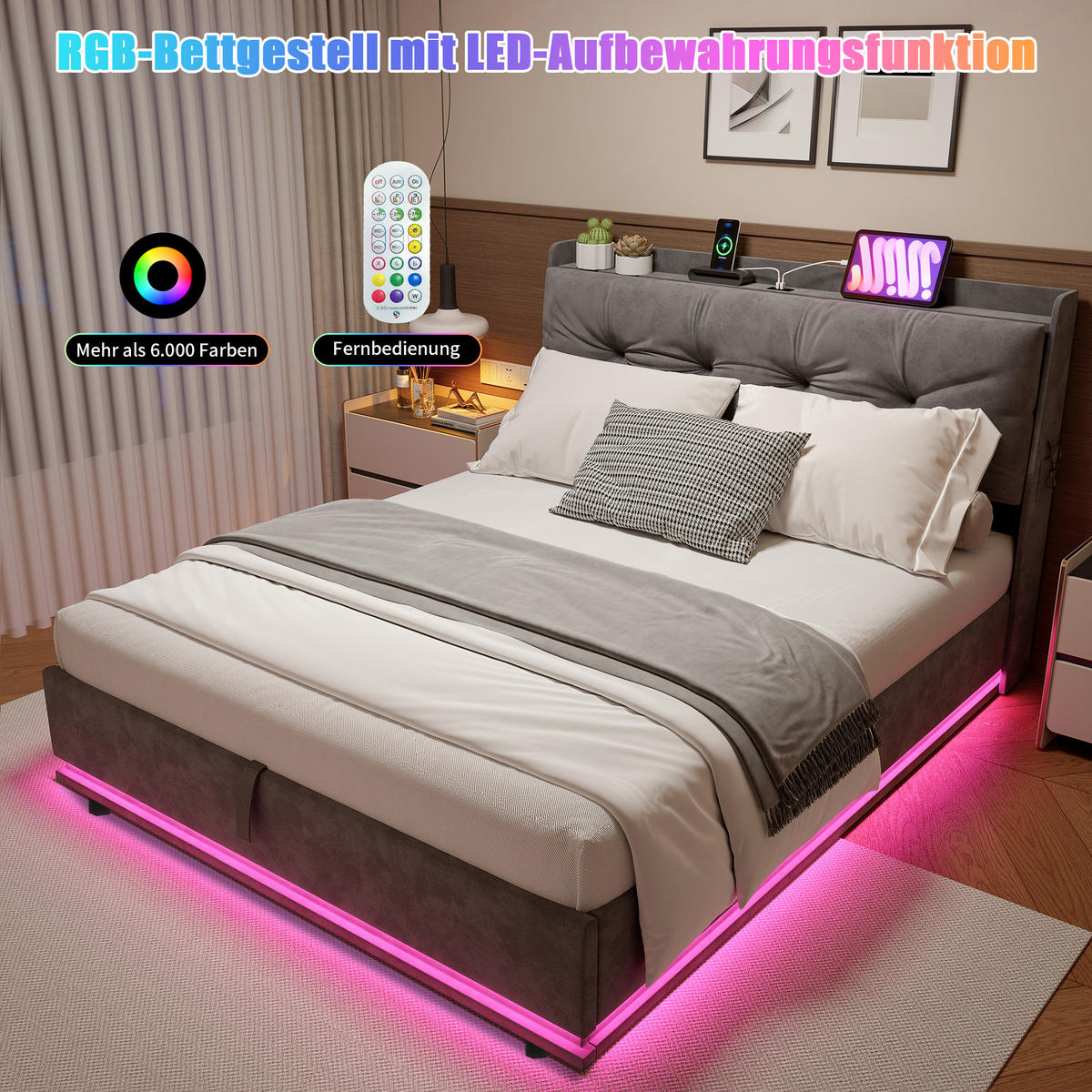 ČALÚNENÁ posteľ 160x200 cm, zamatovosivá, s boxom na posteľ, LED a USB-C - sivá, drevo (160/200cm) - SHOPENTRA