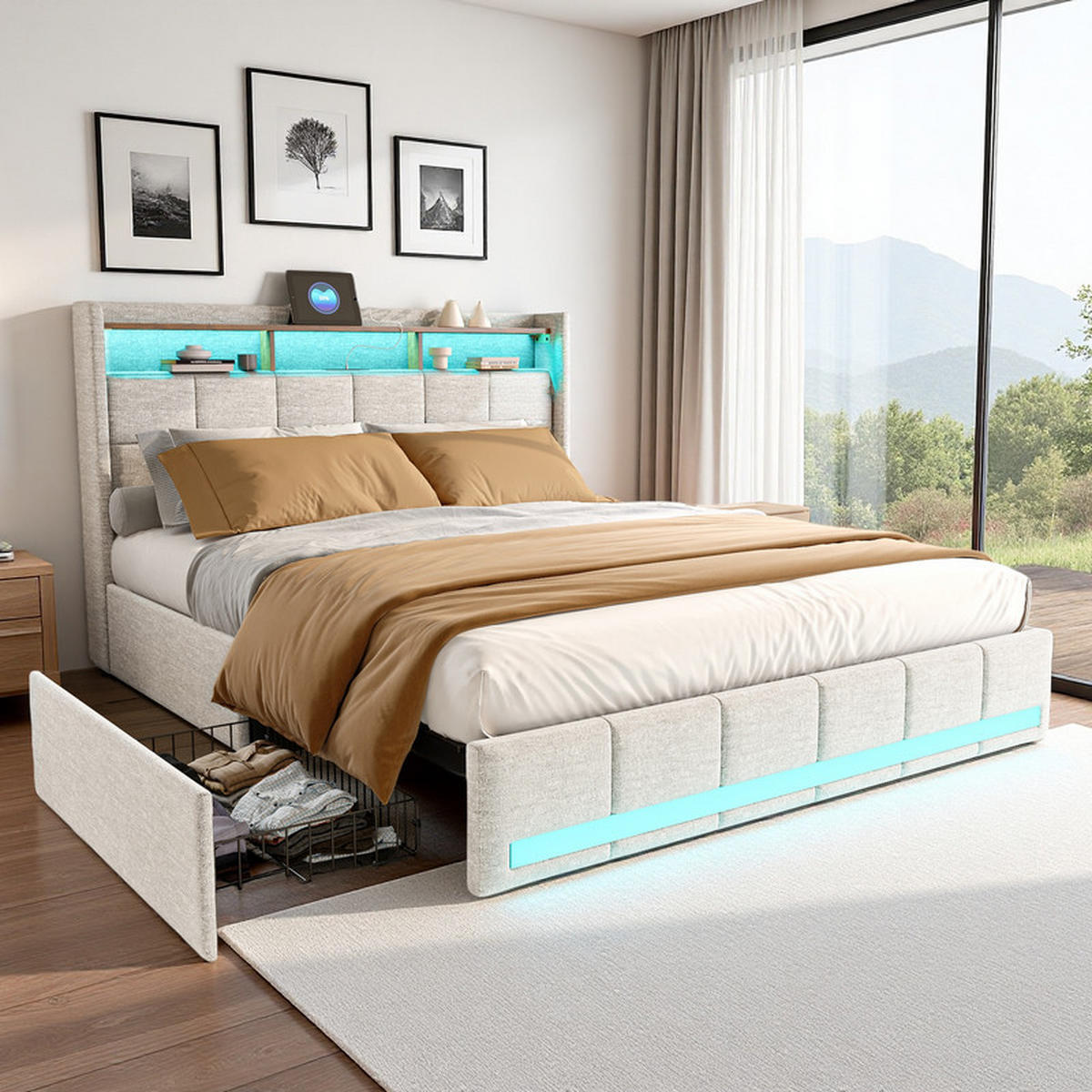 POLSTERBETT 140x190 cm, Beige Leinen, mit LED-Lichtleiste und Schubladen, Ladeanschluss, ohne Matratze - Beige, Holz (140/190cm) - WoodenAura