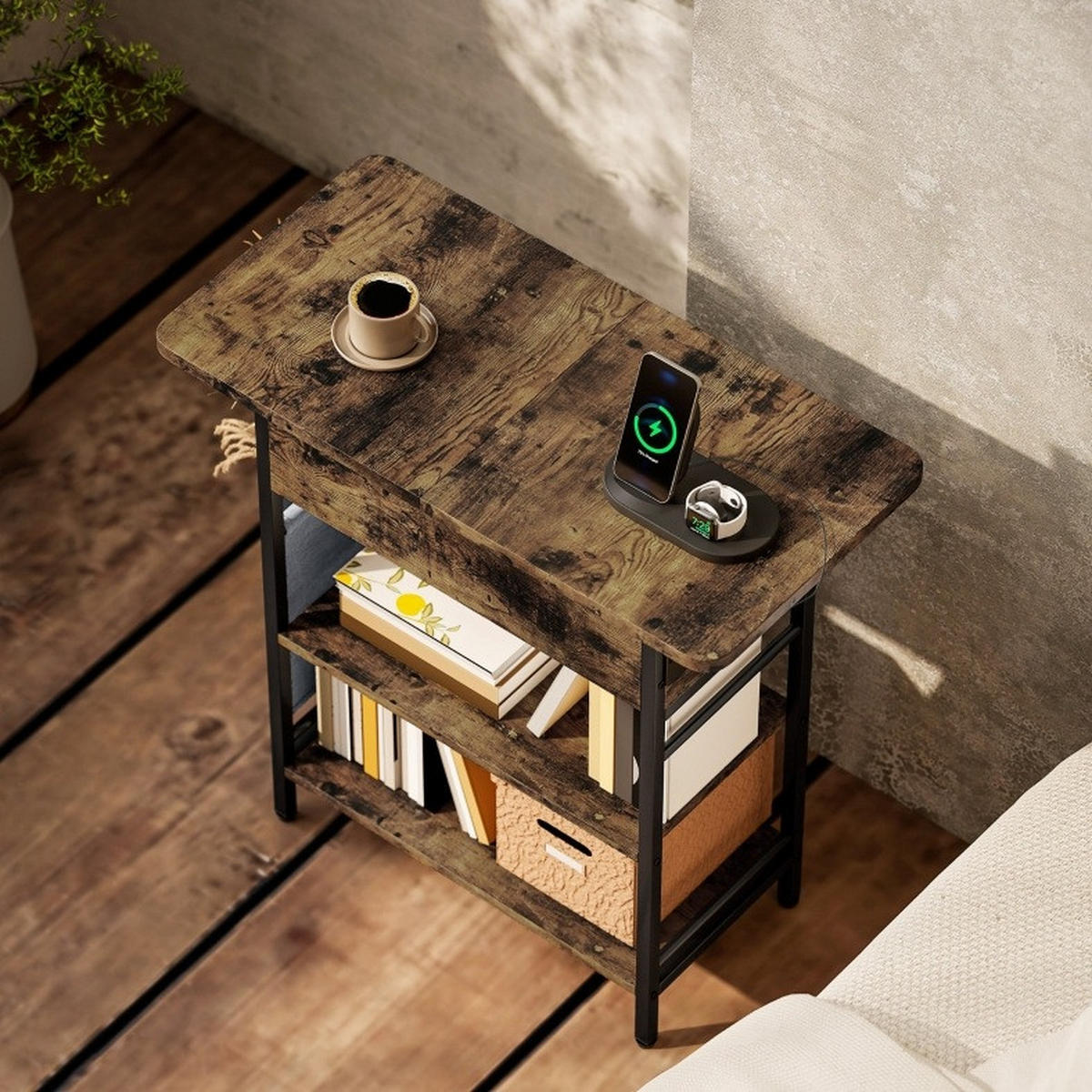 BEISTELLTISCH 60/29,8/58,5 cm Rustikal Braun mit Steckdosenleiste und USB-Anschlüssen - Braun, Holzwerkstoff (60/39.8/58.5cm) - OKWISH