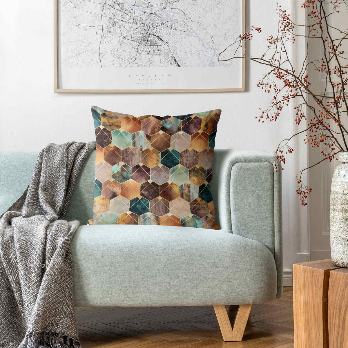 DEKOKISSEN Türkise Geometrie goldenes Art Deco 40/40 cm - Goldfarben, Textil (40/40/10cm) - Bilderwelten