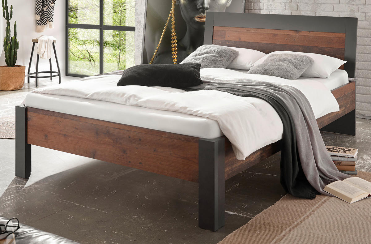 BETT Old Used Wood Shabby Design mit grau, Einzelbett, Liegefläche 140 x 200 cm - Dunkelgrau/Braun, Holzwerkstoff (140/200cm) - Furn.Design