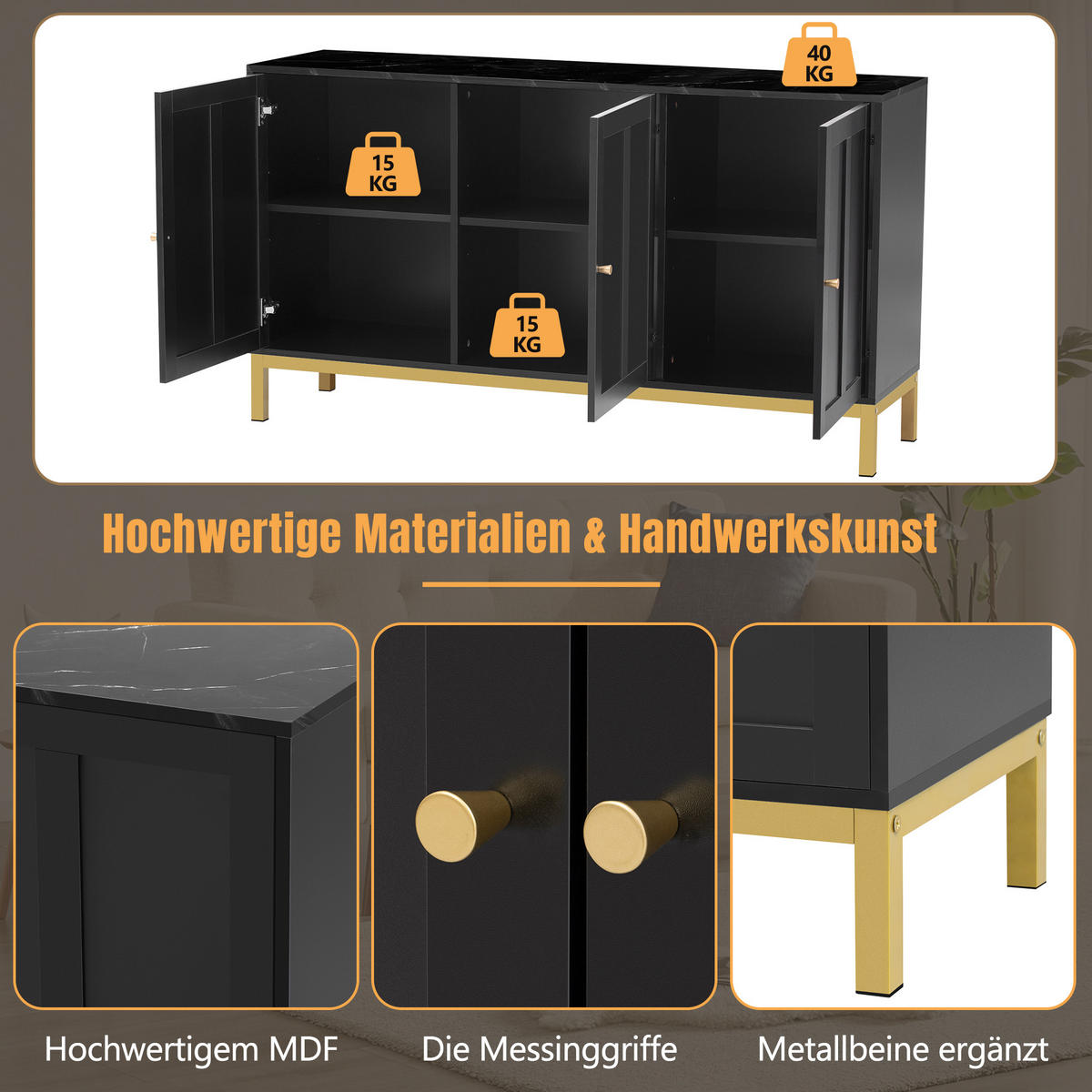 SIDEBOARD 140 cm in Weiß & Marmor-Optik 3 Türen - Schwarz, Holzwerkstoff (140/80/40cm) - Urban Meuble