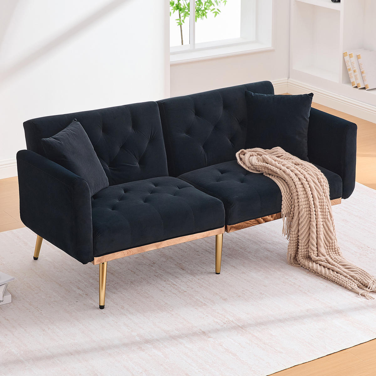 2-SITZER-SOFA mit Kissen, verstellbarer Rückenlehne, Metallfüßen, Samtbezug – Schwarz - Schwarz, Textil (72.5/75/165cm) - KOMHTOM