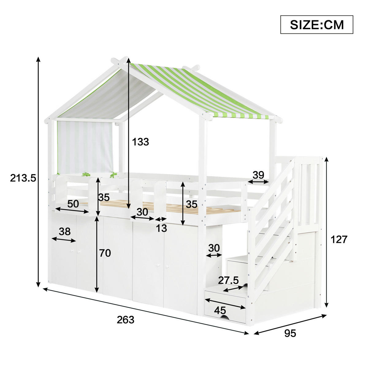ETAGENBETT 90/200 cm mit Stauraumtreppe, Kleiderschrank, Fallschutz und Dachdesign, Weiß/Grün - Weiß, Holz (90/200cm) - Redom