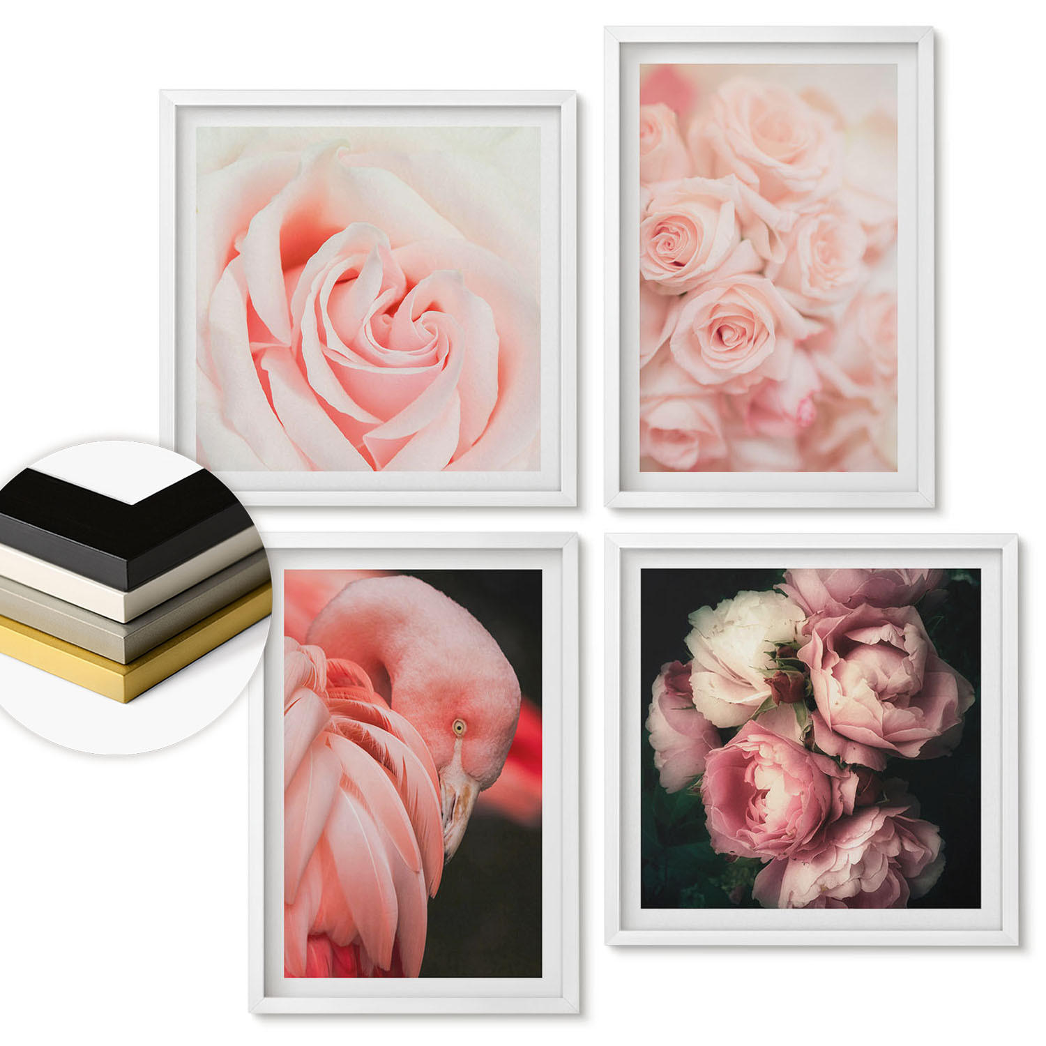 WANDBILDER 4er-Set - 50x50 cm & 40x60 cm Weißer Rahmen - Pastellrosa Flamingos - Weiß, Kunststoff (50/50cm) - ArtPrintCave