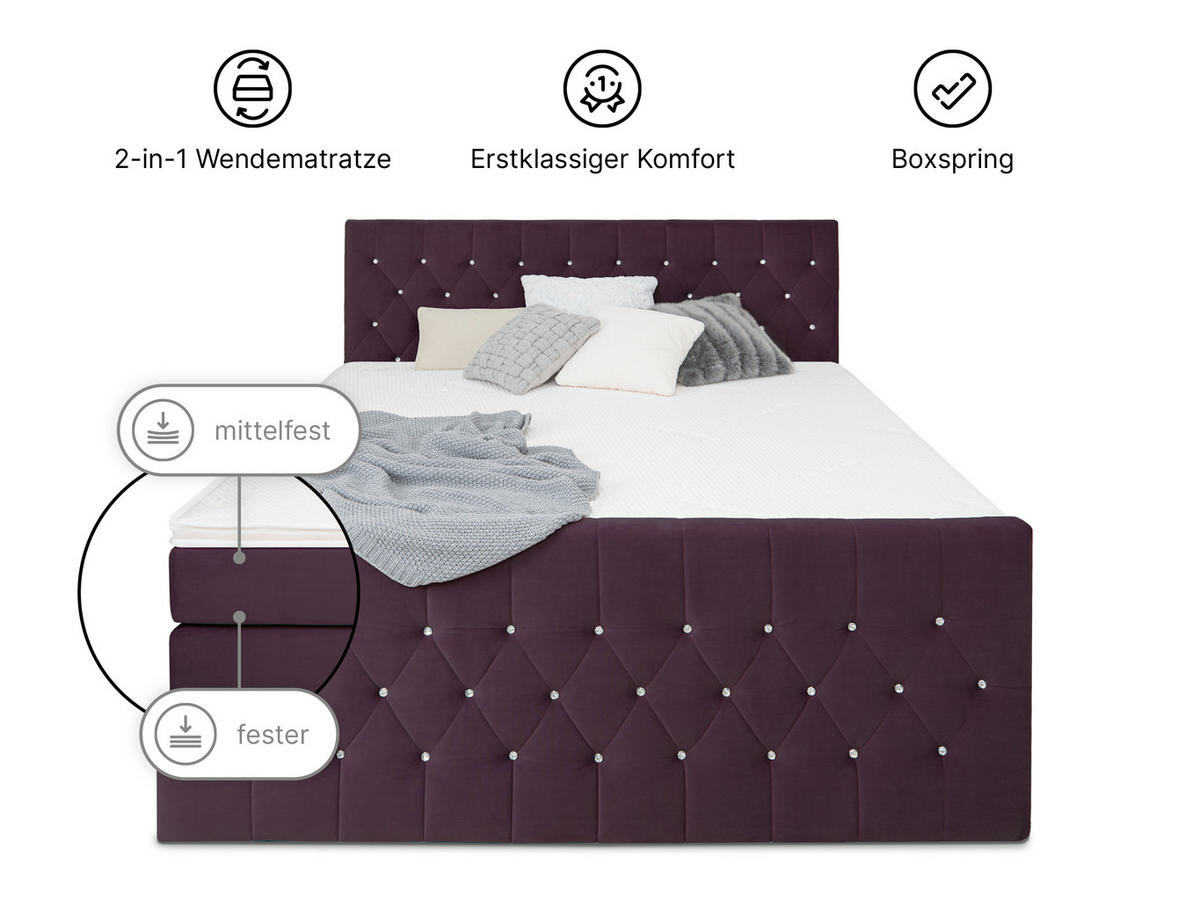 BOXSPRINGBETT Sira Lila 180/200 cm H3/H4 Samt - Lila, Textil (180/200cm) - wonello