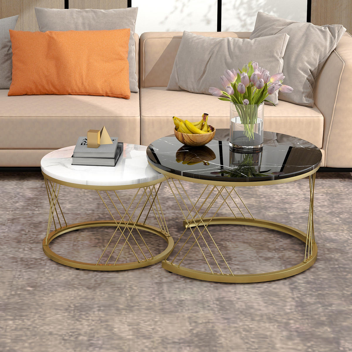 COUCHTISCH-SET 70/70/45 & 45/45/40 cm mit Marmordekor und Goldgestell - Schwarz, Holzwerkstoff (70/70/45cm) - Flora Grace
