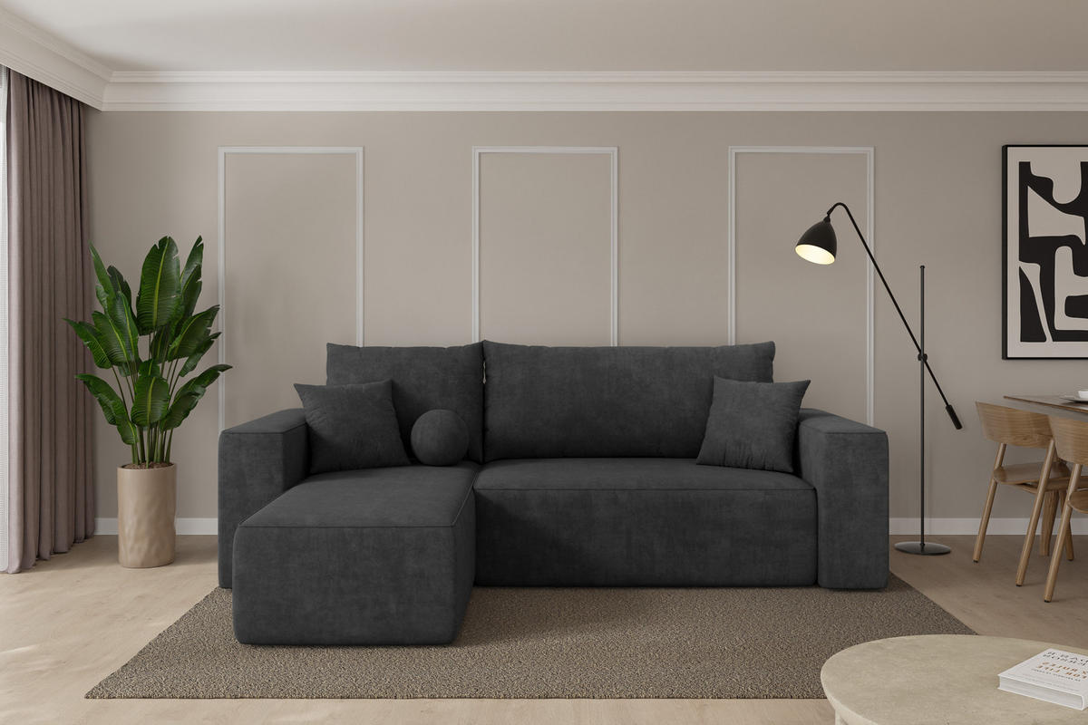 ROHOVÁ SEDAČKA s funkcí spaní, otoman vlevo SENO-L 249x139x85 tmavě šedá velur - černá/antracitová, kompozitní dřevo/textil (249/139cm) - ALTDECOR