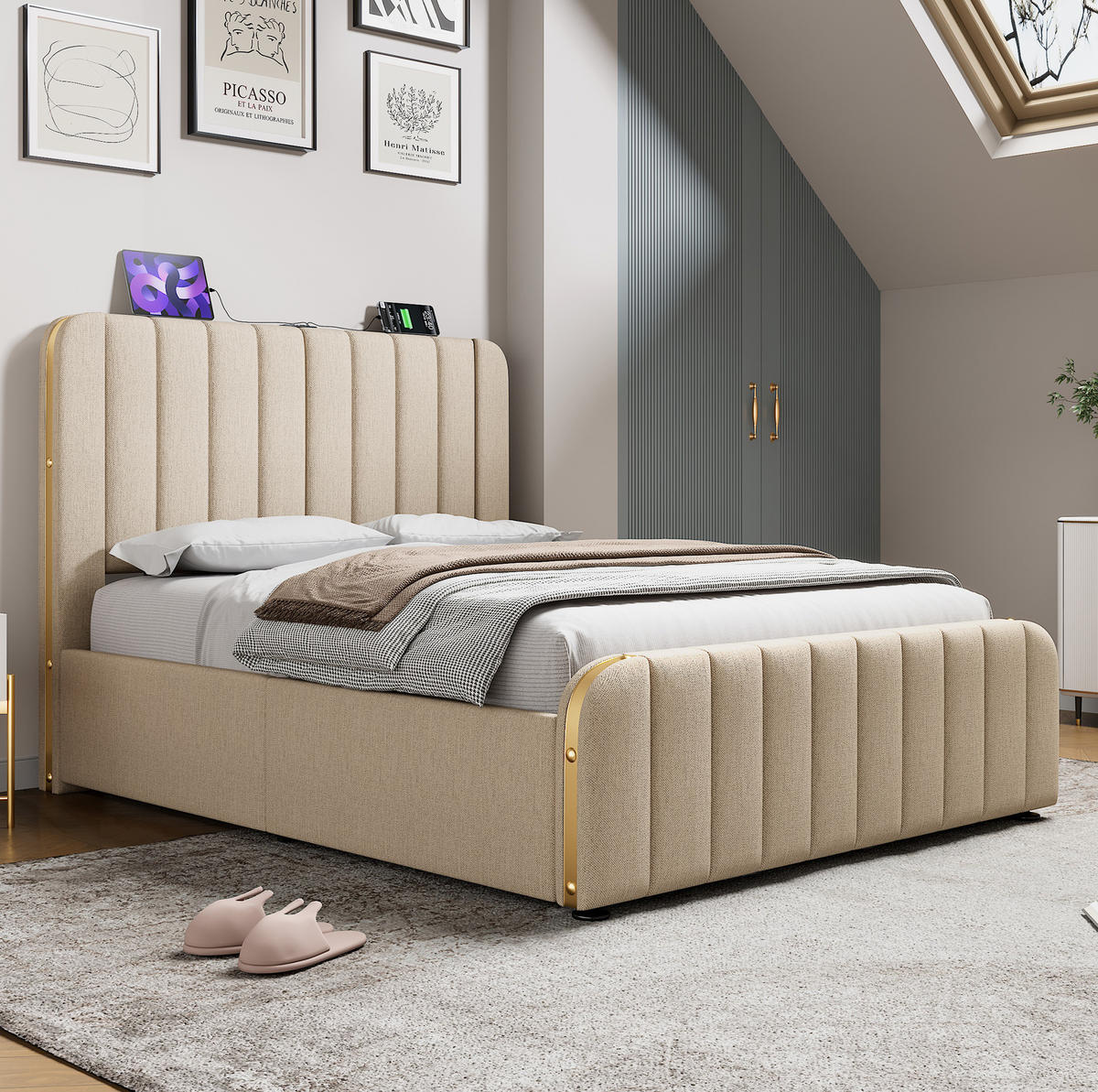POLSTERBETT 140/200 cm Beige mit Stauraum, Matratze und USB- & Type-C-Anschlüssen - Beige, Textil (140/200cm) - Flora Grace