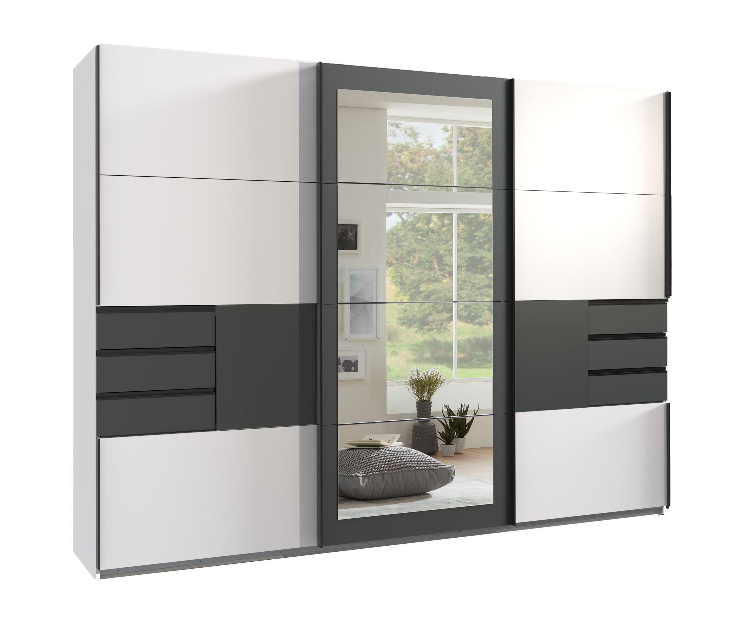 luma-home SKŘÍŇ S POSUVNÝMI DVEŘMI, 3dveřová, 270 × 208 × 64 cm (Š×V×H), bílá s grafitovými akcenty, zrcadlem a zásuvkami, včetně kompletního vybavení