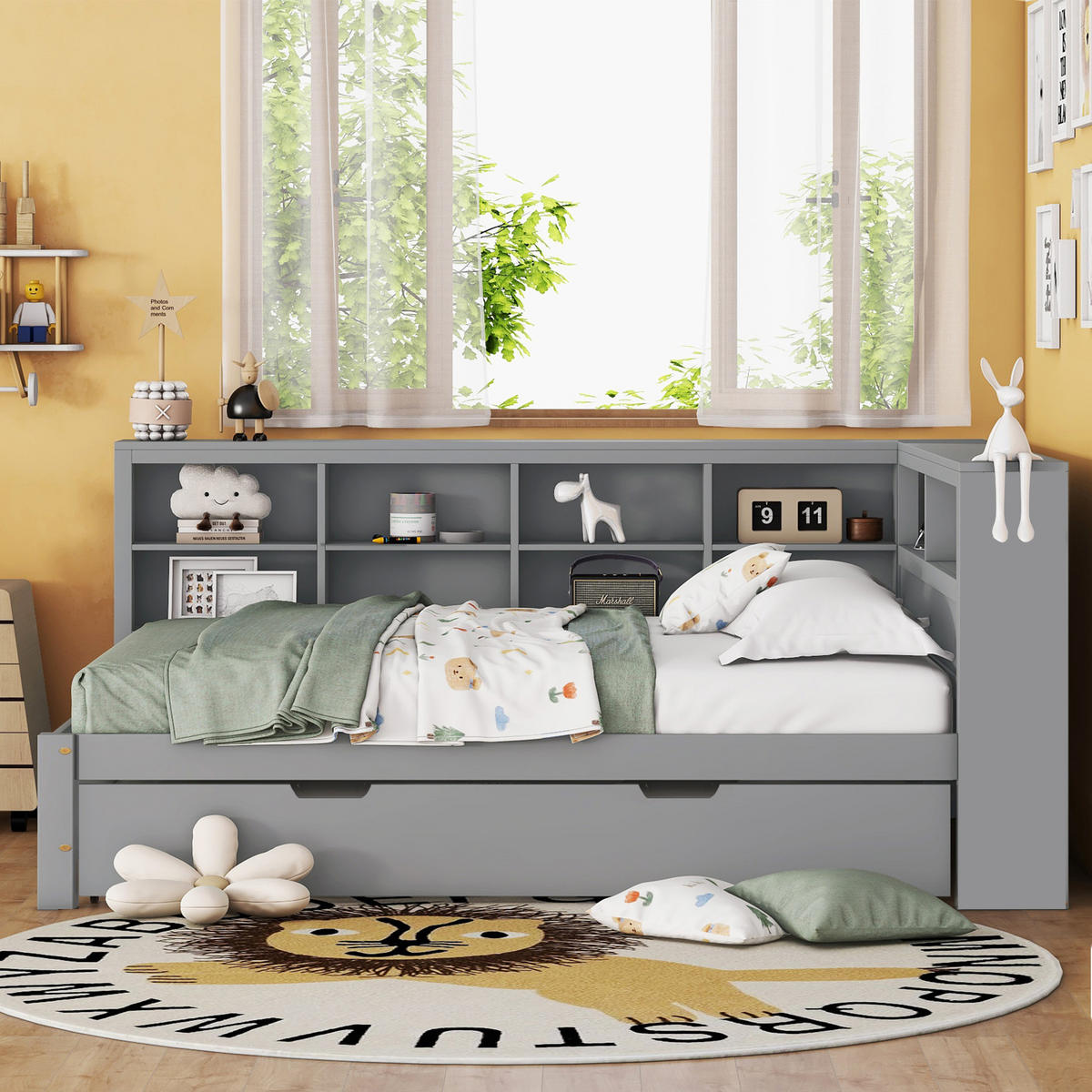 MULTIFUNKTIONSBETT 140/200 cm grau mit Ausziehbettund USB-Steckdose aus Massivholz - Grau, Holz (140/200cm) - OKWISH