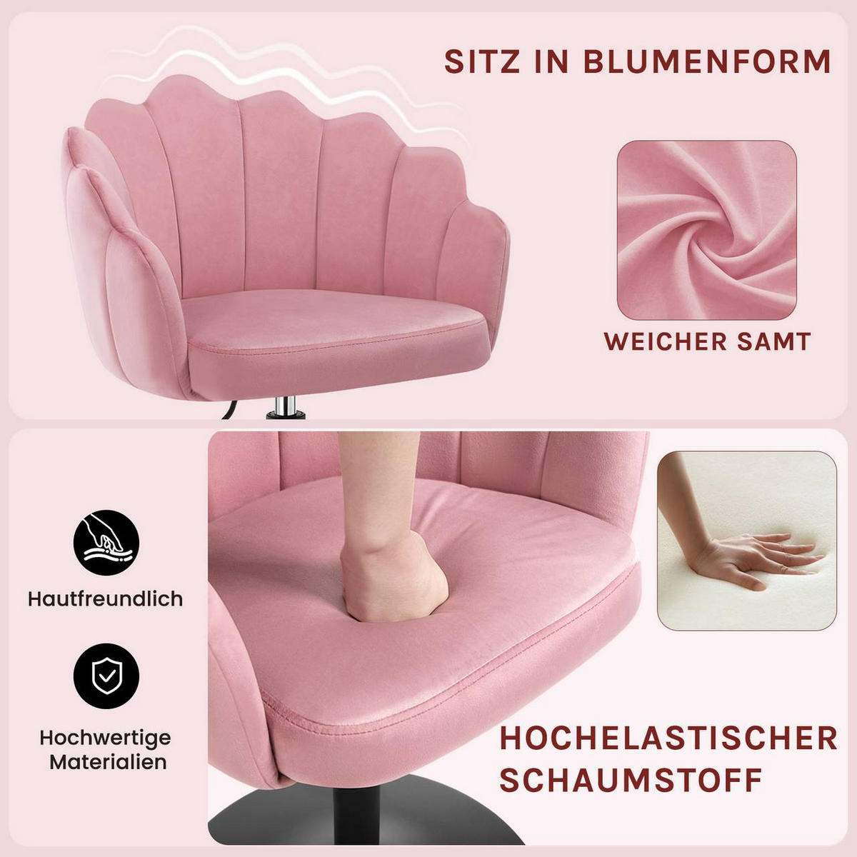 DREHSTUHL, Blumenform, Smt, Schminkstuhl, Rosa - Schwarz/Rosa, Textil/Metall (55/67/50cm) - Woltu
