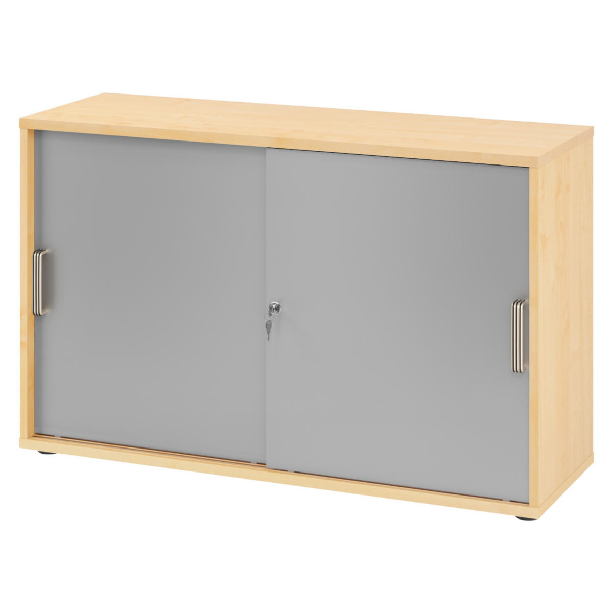 SCHIEBETÜRENSCHRANK - 2 Ordnerhöhen 40/120/74,8 cm in Ahornfarben/Silberfarben Streifengriff (Kunststoff) - Silberfarben/Ahornfarben, Holzwerkstoff (120/74.8/40cm) - bümö