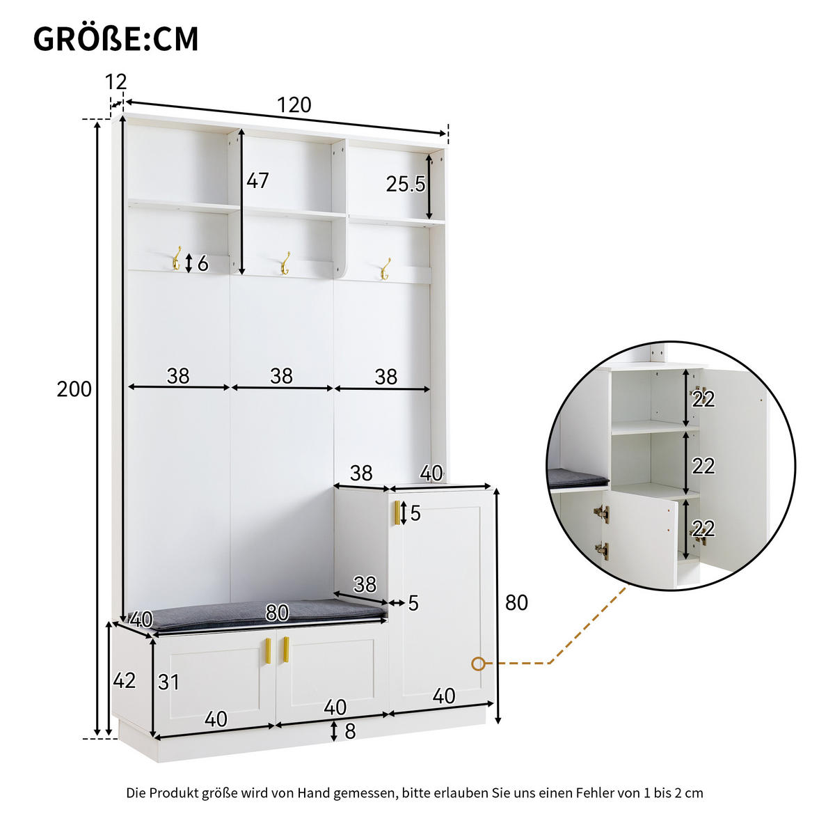 GARDEROBENSET 40/120/200 cm mit Schuhbank, 3 Haken und verstellbarem Einlegeboden, Weiß - Weiß, Holzwerkstoff (120/200/40cm) - Redom